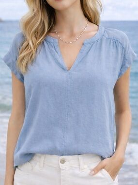 Splendid Linen Blend Top Womens S Blue Short Sleeve Lightweight